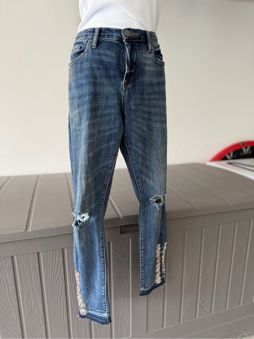 Blank NYC Dark Blue Skinny Jeans with Hem Embellishments